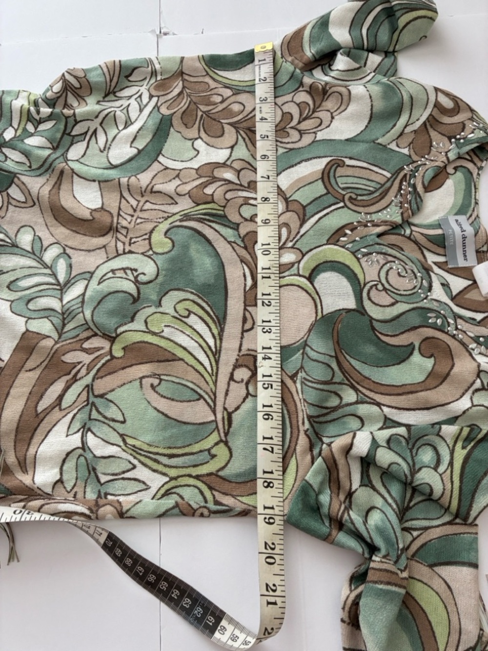 Alfred Dunner Boho Embellished Green and Brown Swirl Patterned Fringe Hem Blouse - Picture 3 of 9